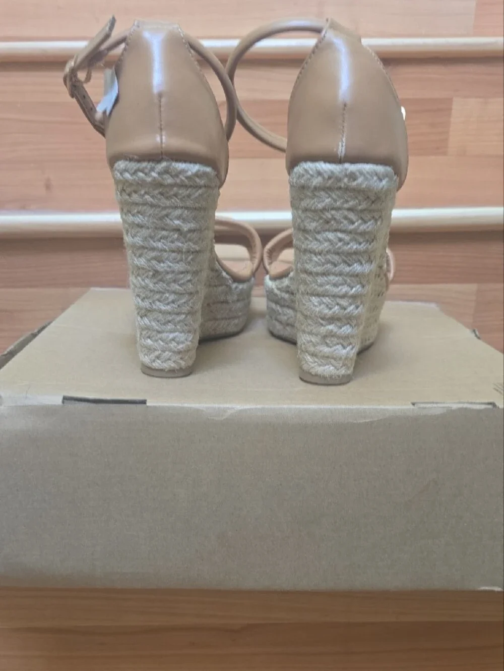 NIB..Neutral Tan Espadrille Wedge Sandals with Ankle Strap